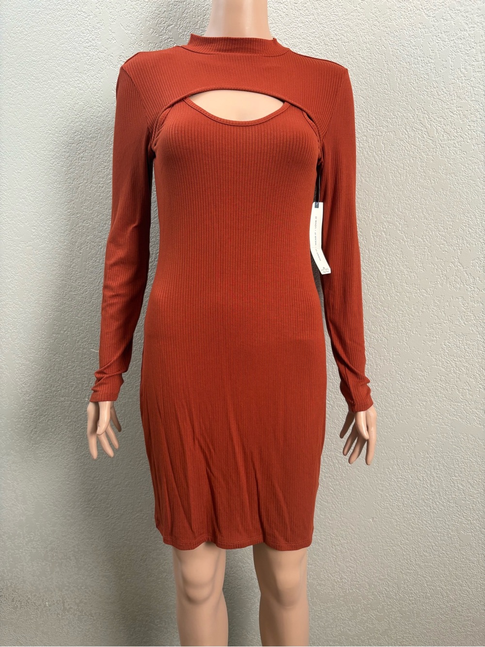Almost Famous Rust Ribbed Long-Sleeve Cutout Bodycon Dress